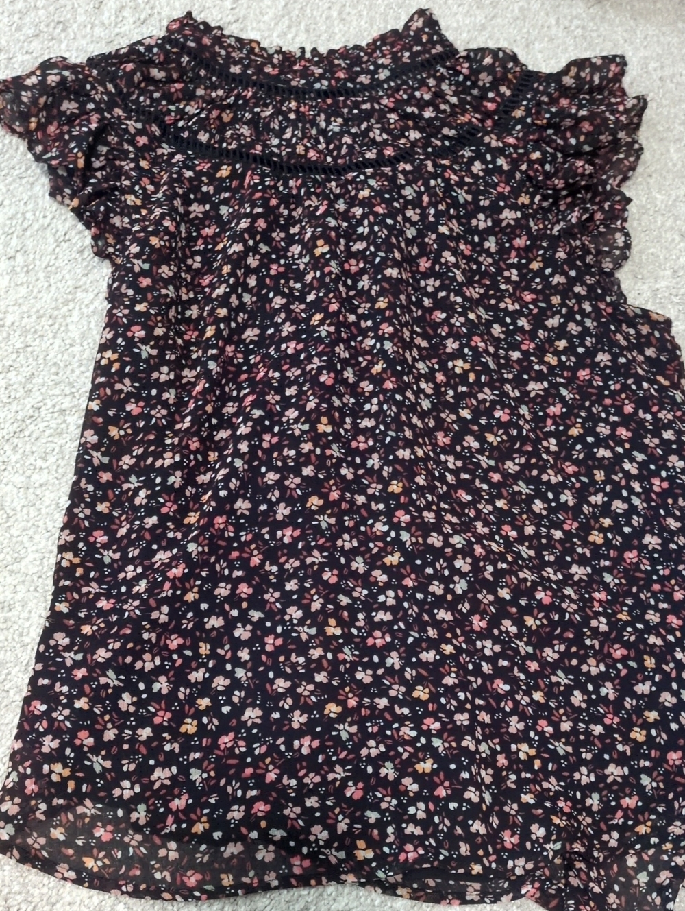 LOFT Black Floral Smocked Ruffle Sleeve Blouse